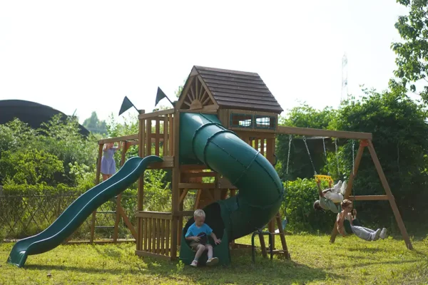 wooden swing and slide set