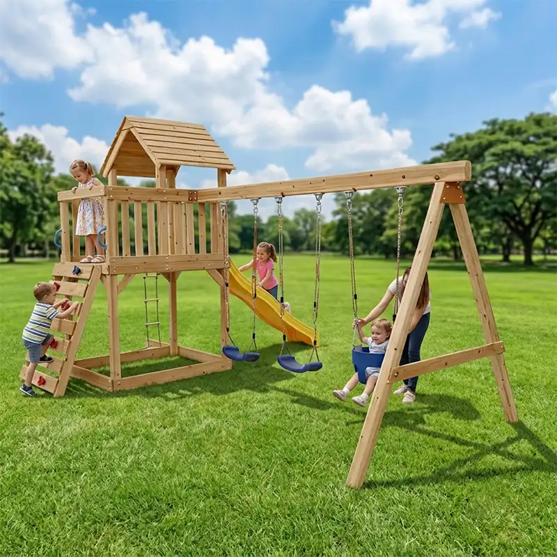 Wooden Swing Set with Slide