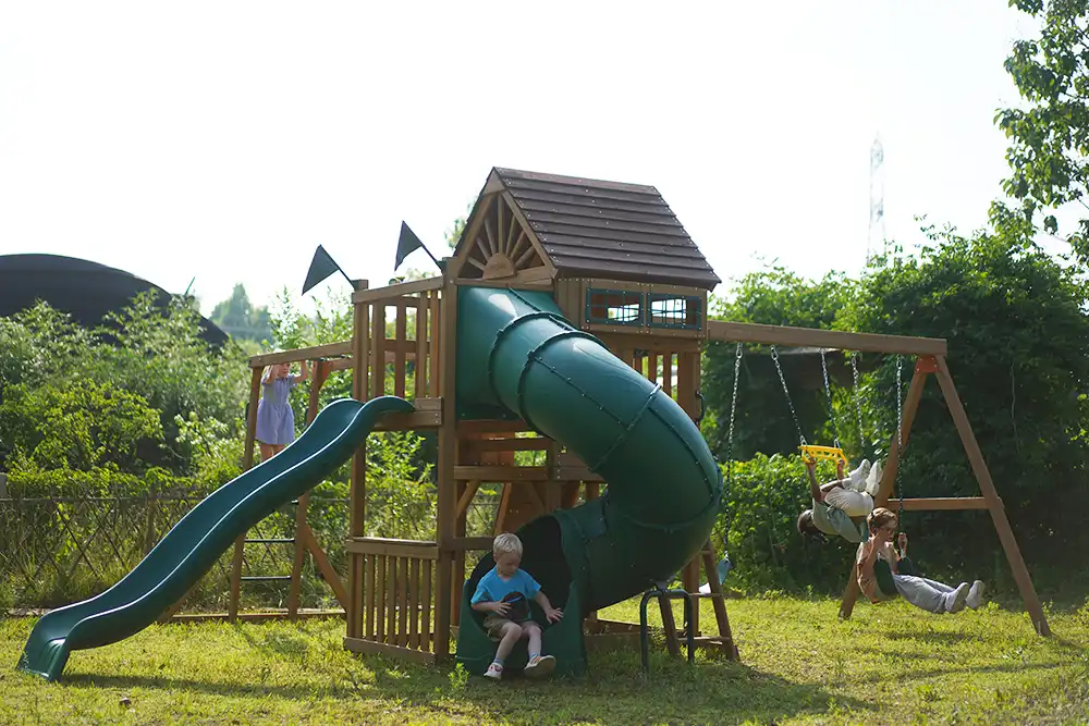 wooden swing and slide set