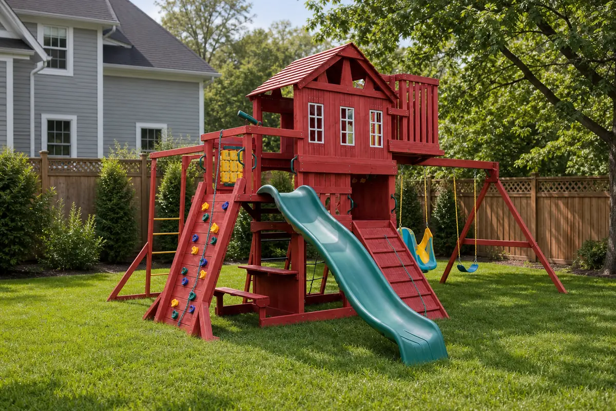 OEM vs ODM playground equipment - red wooden backyard playset with slide and swings