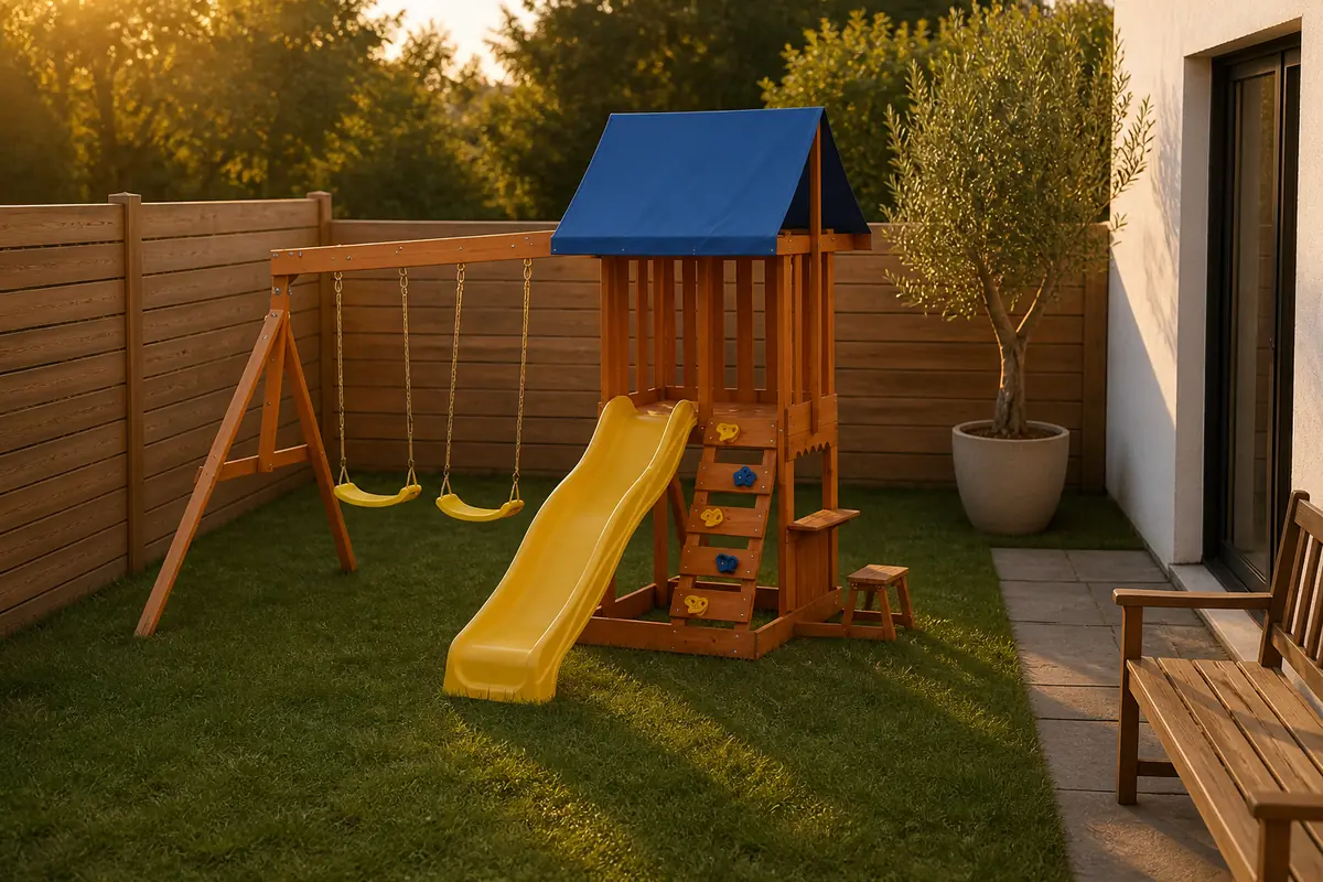 Small swing set with slide in a compact backyard
